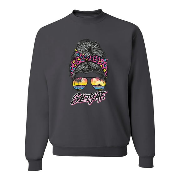 Messy Bun Salty AF | Cool Neon Leopard Print Bandana | Fashion Unisex Crewneck Sweatshirt, Charcoal, 2XL