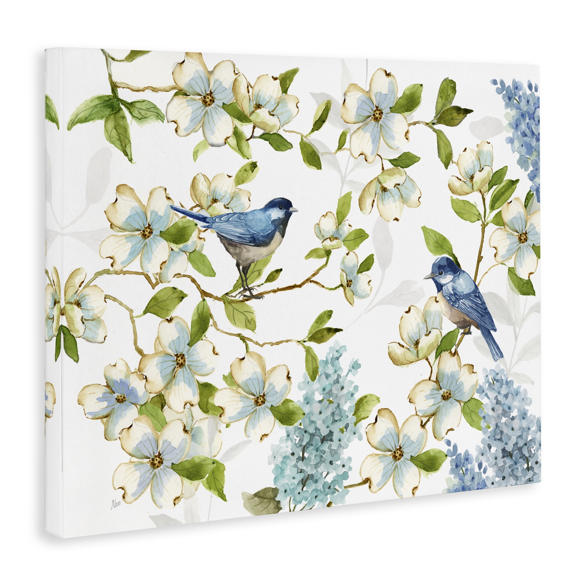 Stupell Industries Dogwood & Bluebirds Plants & Flowers Painting Wrapped Canvas Art Print Wall Art, 48 x 36