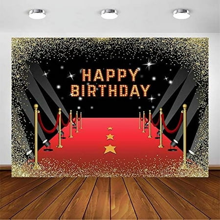 Image of Red Carpet Birthday Backdrop for Movie Night Hollywood Theme Party Photoshoot Photography Background Gold Glitter Red Carpet Happy Birthday Party Decoration Banner (7x5ft)