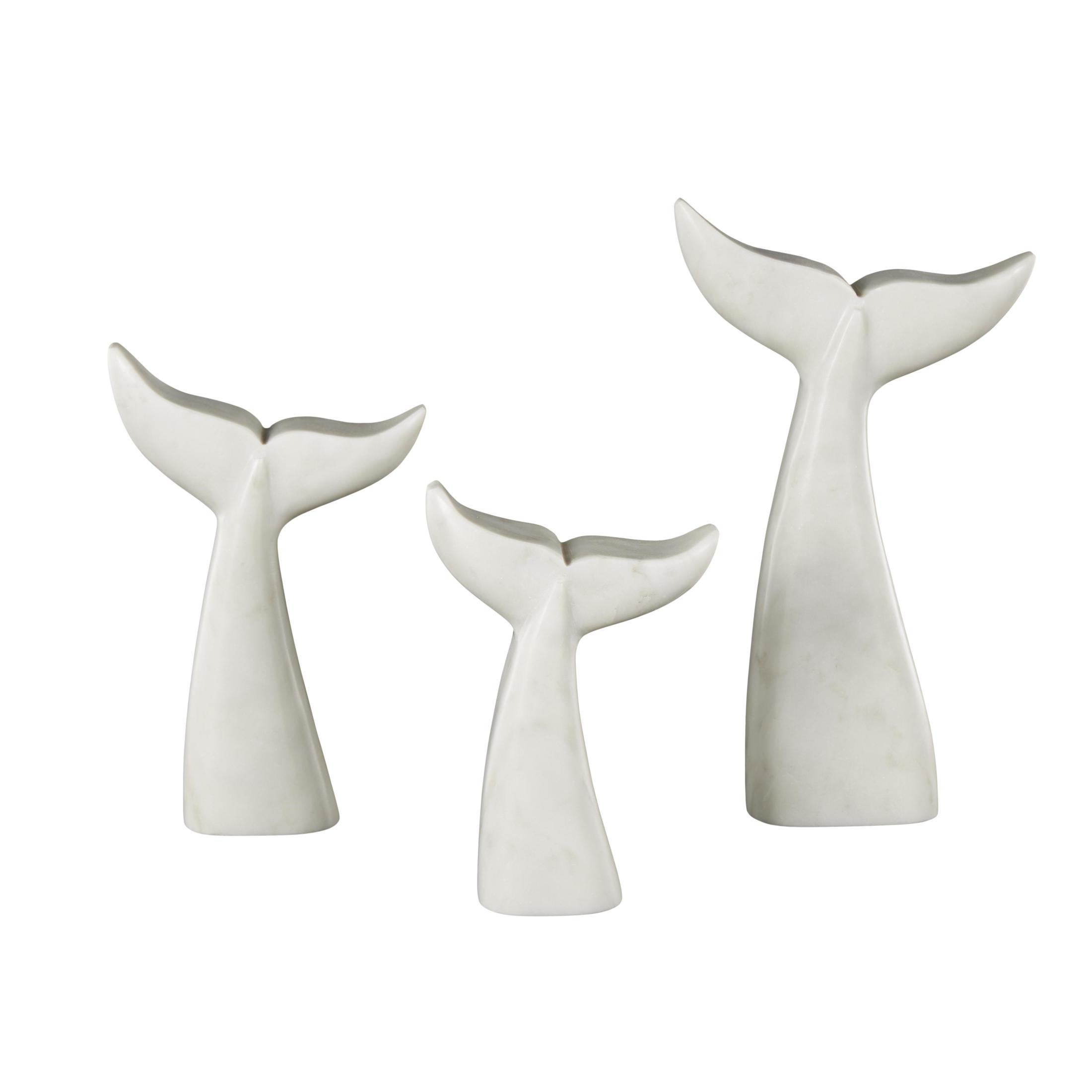 9", 7", 6"H White Marble Tail Whale Sculpture, by DecMode (3 Count)