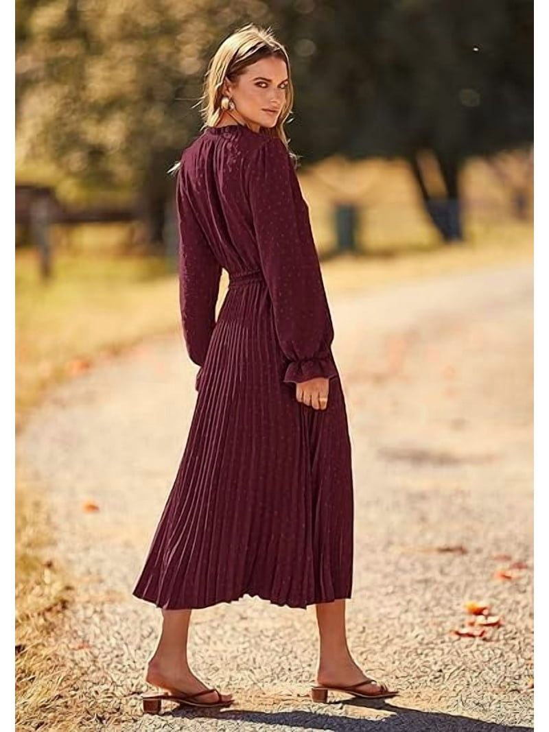 Prettygarden Women's Spring Fall Midi Dress Casual Long Sleeve V Neck Swiss Dot Pleated A Line Flowy Dresses, Size: XL, Red