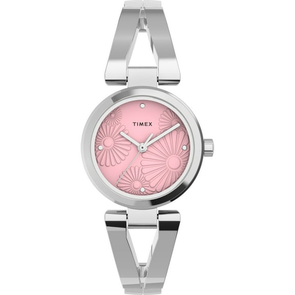 Timex Women's Fashion Stretch Bangle Floral 25mm Watch – Silver-Tone Case Pink Dial with Stainless Steel Expansion Band