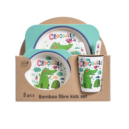 

5pcs Children’s Tableware Cartoon Bamboo Fiber Dinnerware Set Dishware Set Includes Plate Bowl Cup Spoon Fork for Home Kid