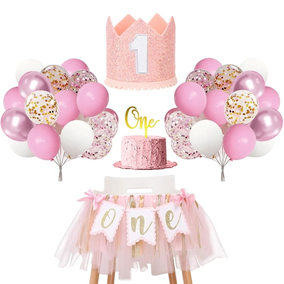 1st Birthday HighChair Banner Birthday Baby Girl, Pink White Balloons, Tulle And Ribbon Banner, Cake Smash Photo Prop for One Year Old First Birthday Party Decorations (Pink)