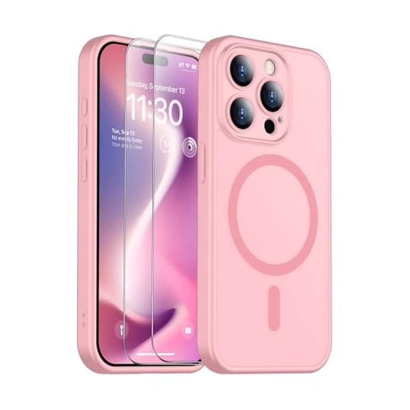 Eryueer for iPhone 15 Pro Case, Magnetic Translucent Matte Case with 2PCS Tempered Glass Screen Protector Slim Phone Case for iPhone 15 Pro 6.1'', Pink