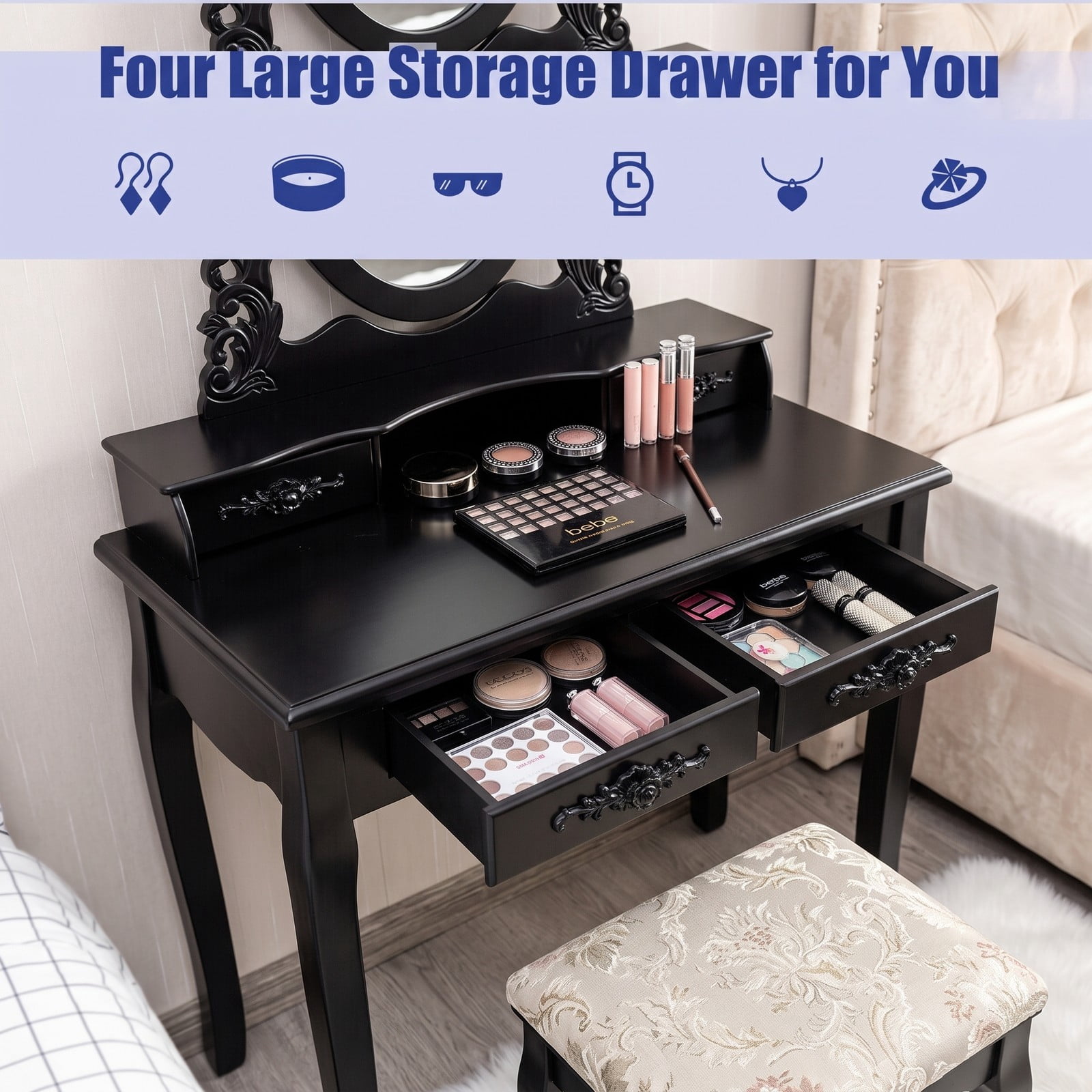 Furnibear Makeup Dressing Table with Touch Switch Lighted Mirror and Cushioned Stool, Vanity Desk with 4 Drawers and 10 LED Bulbs, Black