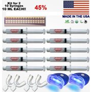 Teeth Whitening Kit (10) Gels (4) Trays (2) White LED Light Best Set 45% Bleach