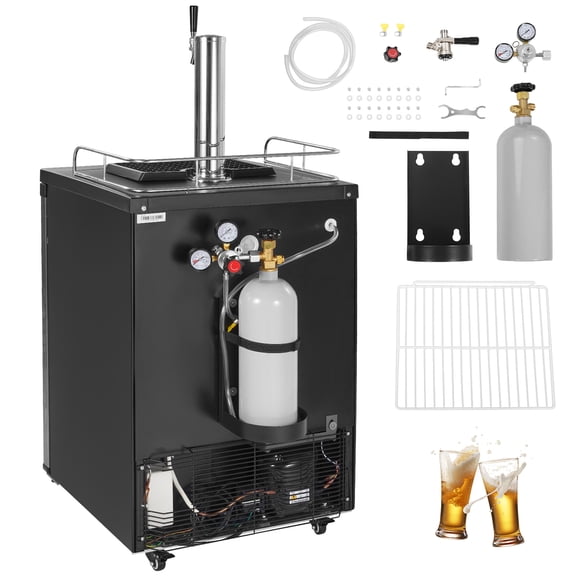 KFFKFF Single Tap Draft Beer Dispenser with Adjustable Temperature, Full-Size Keg Refrigerator, Includes Shelf, CO2 Tank (No Gas), Drip Tray, and Rail, 162L Capacity, Silver