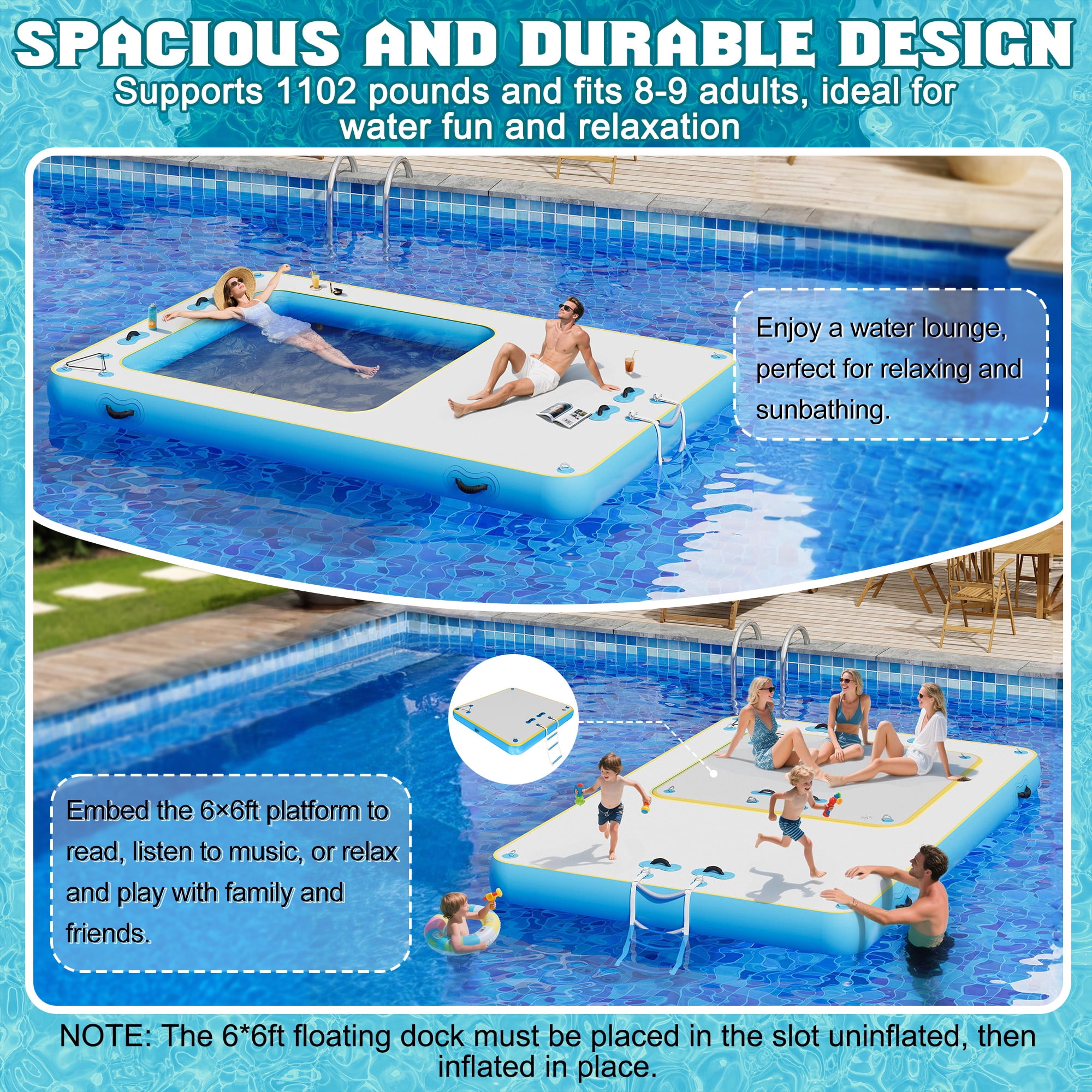 Jocisland Inflatable Floating Dock, Non-Slip Air Dock Platform loating Island Raft with Rope Ladder and Water Zone for Pool Lake Beach Ocean (12*8FT)