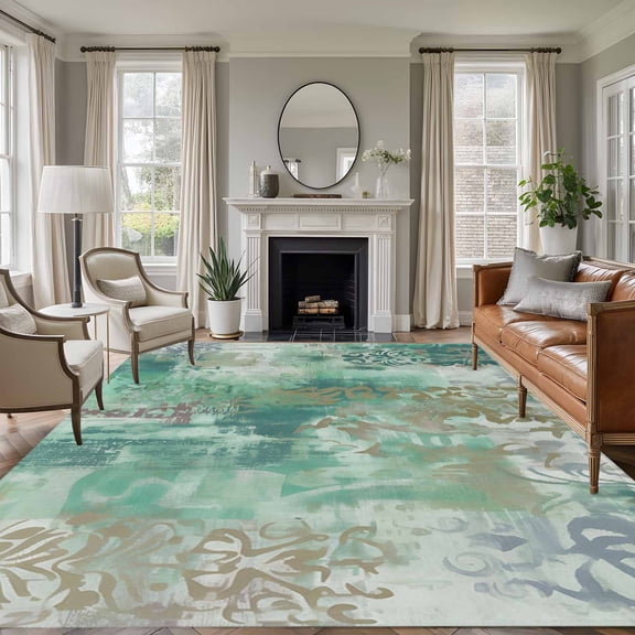 Rectangle Area Rugs 5 x 7 Ft, Teal Blue Boho Non-Slip Residential Carpet, Vintage Ethnic Tribe Abstract Art Indoor Crawling Mats Runner Rugs for Living Room/Dining Room/Bedroom