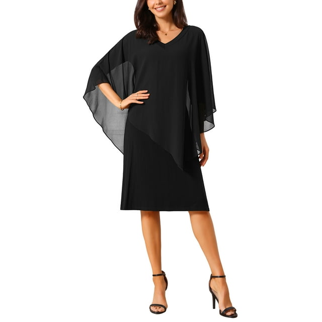 Vestidos de Otoño para Mujeres INSPIRE CHIC con Manga 3/4, Cuello en V, Capa de Chifón, Largo a la Rodilla, Vestido Lápiz, Negro