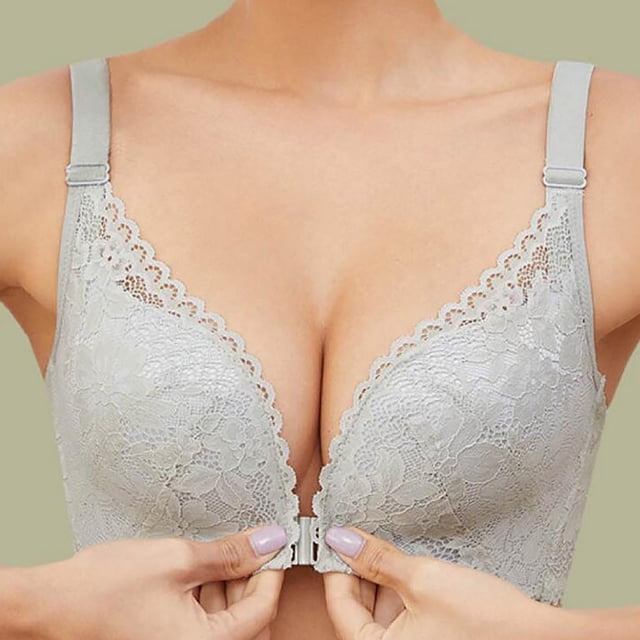 Meichang Front Closure Bras for Women Plus Size Unpadded Lace Racerback Lightly Buckle Bras Wireless Full Coverage Push Up Bras Comfortable Ultra Thin Everyday Bras Gray XXL