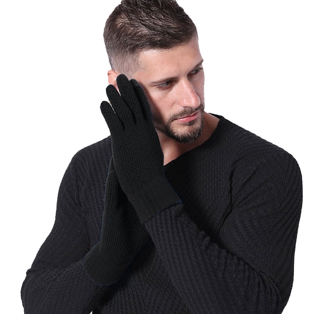 AWZXDE Mens Gloves Solid Color Winter Thickened Knitted Outdoor Warm Screen Snowman Embroidered