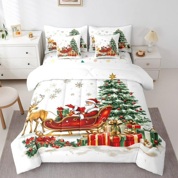 jejeloiu Cartoon Santa Claus Twin Bedding Sets 7-Piece,Merry Christmas Tree Bedding Comforter Set,Xmas Gifts Sheet Sets For Girls Boys,Ultra Soft Home Decor Reversible