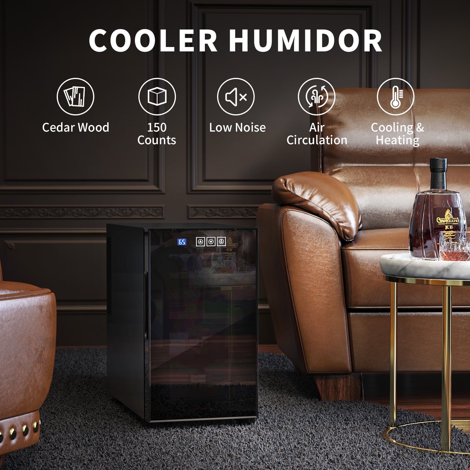 NEEDONE 23L Cooler Humidor, Electronic Cigar Cabinet with optics-Temp Heating (150 Capacity) with Spanish Cedar Wood Shelves & Drawer with Hygrometer, Upgraded Version