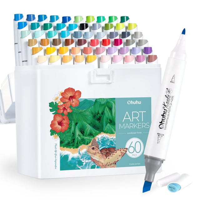 Ohuhu Alcohol Markers Slim Broad and Fine Double Tipped Art Marker Set for Artists Adult Coloring Drawing Landscape Design - 60 Colors Kaala Markers