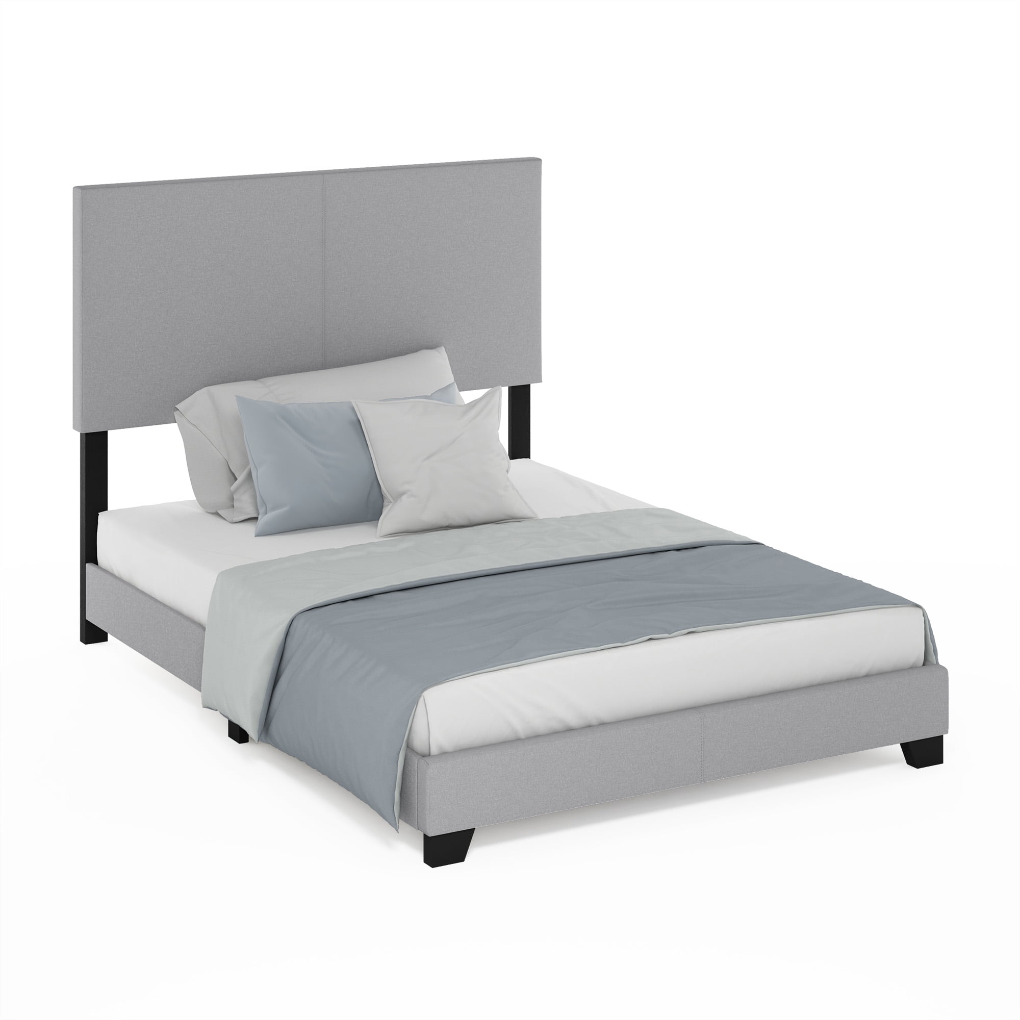 Furinno PESSAC Full Upholstered Bed Frame with Fabric Headboard and Wooden Slat Support, Light Grey
