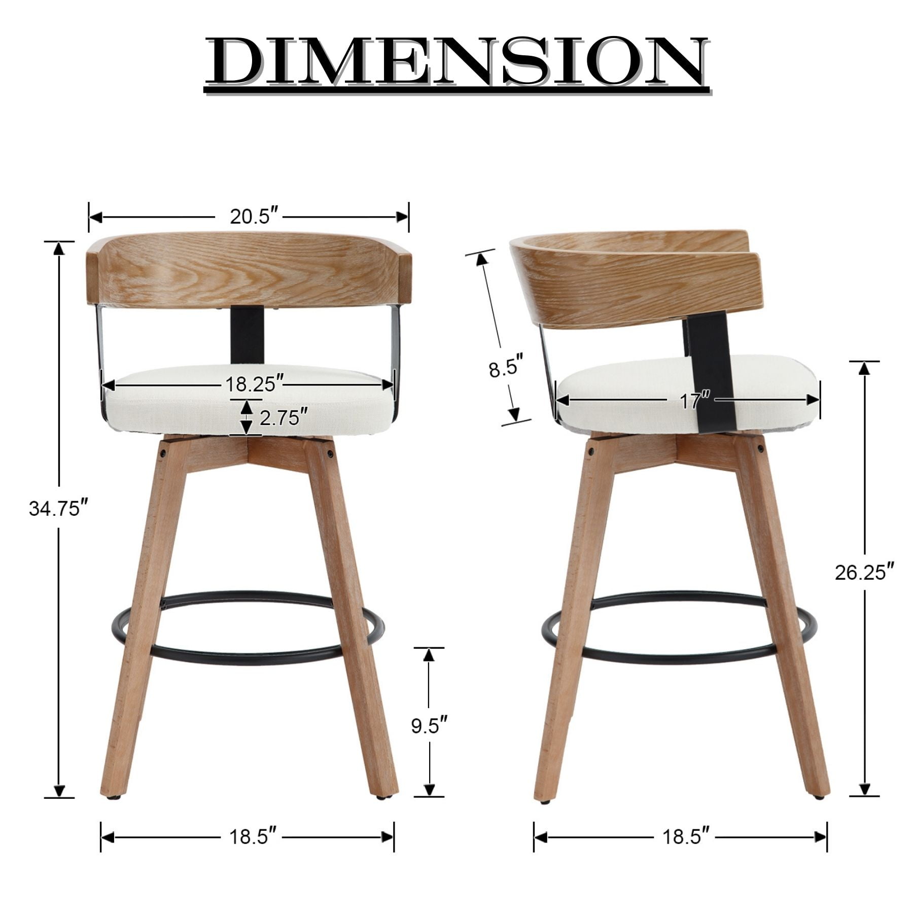 Dayalane Mid Century Modern Bar Stools Set of 2, 26" Swivel Counter Stools with Barrel Back, Linen Upholstered Barstools with Wood Legs for Kitchen Island, Dining Room, Home Bar, White