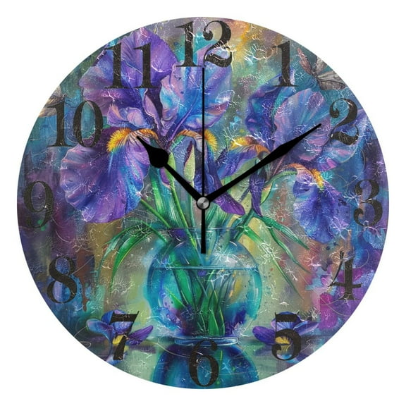 Irises Flower in Vase Round Wall Clock Battery Operated Silent Non-Ticking Bedroom Office Kitchen Home School Decor 10"(Black)