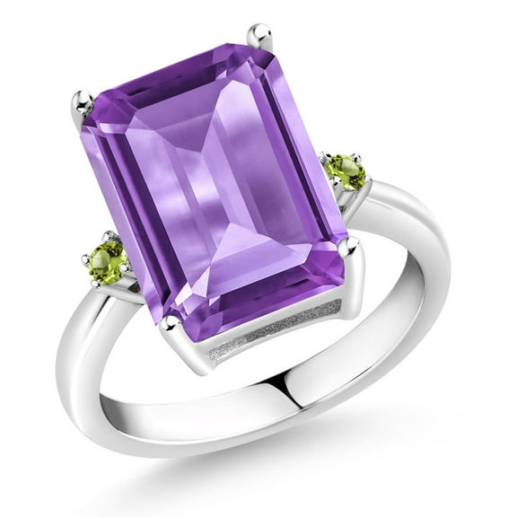 Gem Stone King 6.35 Cttw Purple Amethyst and Green Peridot Ring for Women | 925 Sterling Silver | Emerald Cut 14x10MM | Gemstone February Birthstone (Size 8)