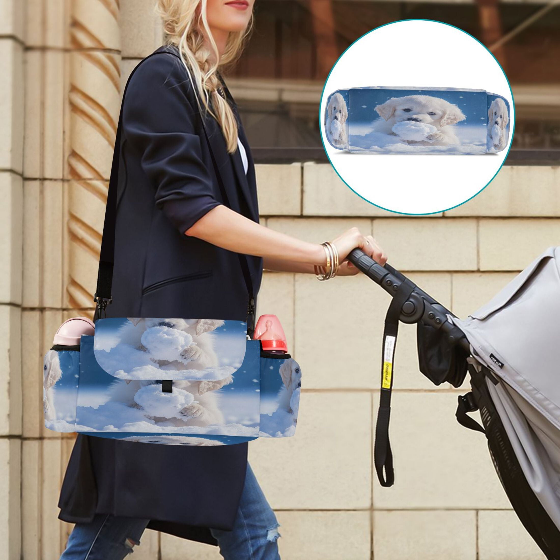 DIXRUYEE Stroller Organizer Playful Snow Pup Printed