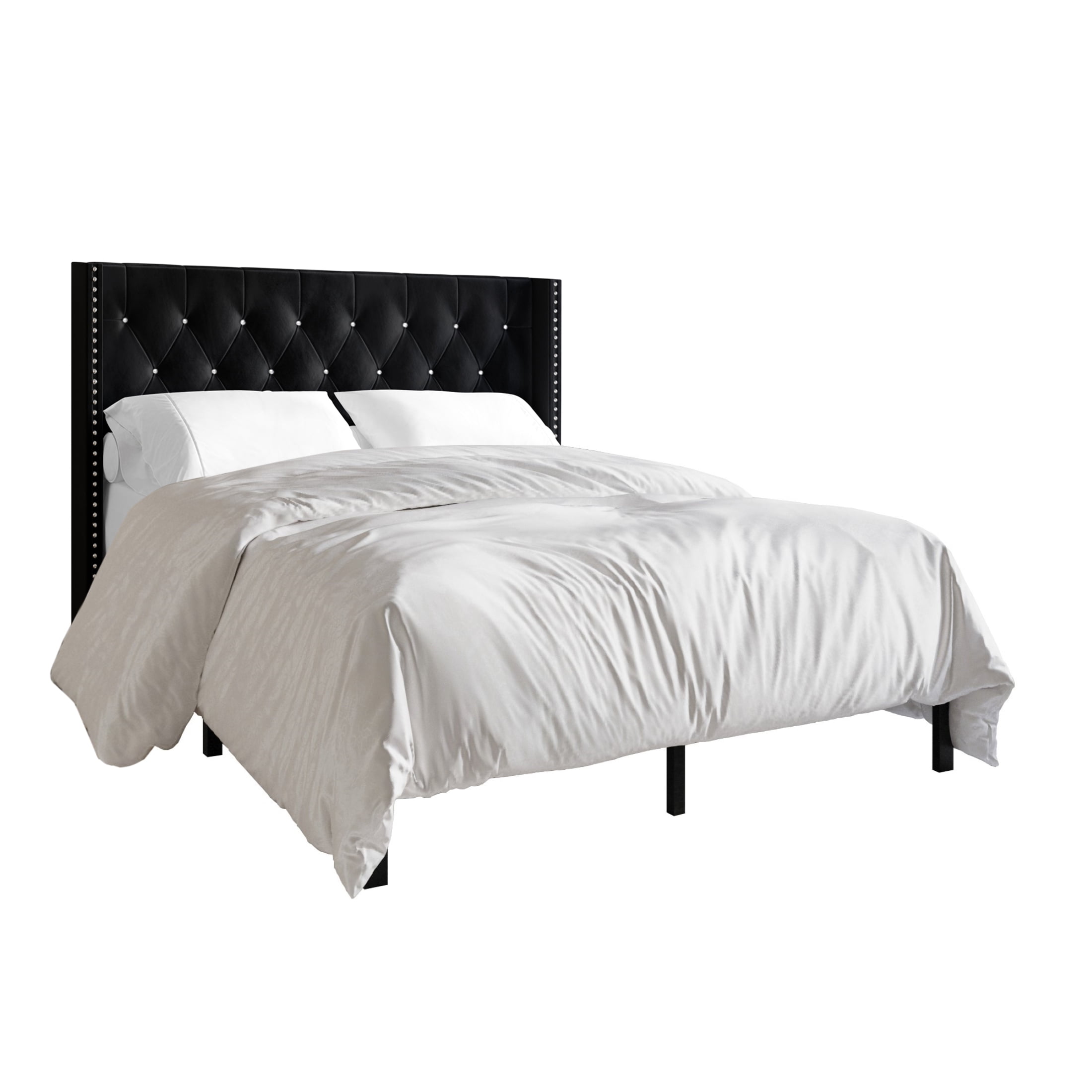 Castle Place Button Tufted Wingback Velvet Upholstered Bed, Black, Queen