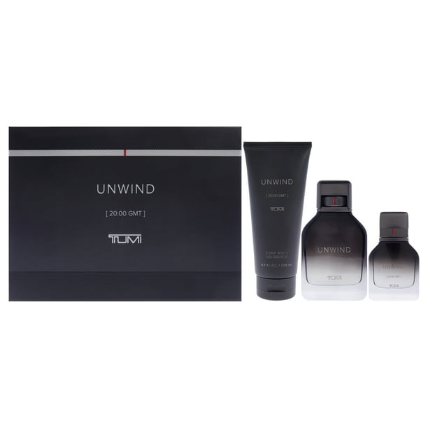Unwind de Tumi para hombres: set de regalo de 3 piezas: EDP en aerosol de 3,4 oz, EDP en aerosol de 1 oz, gel de baño de 6,7 oz