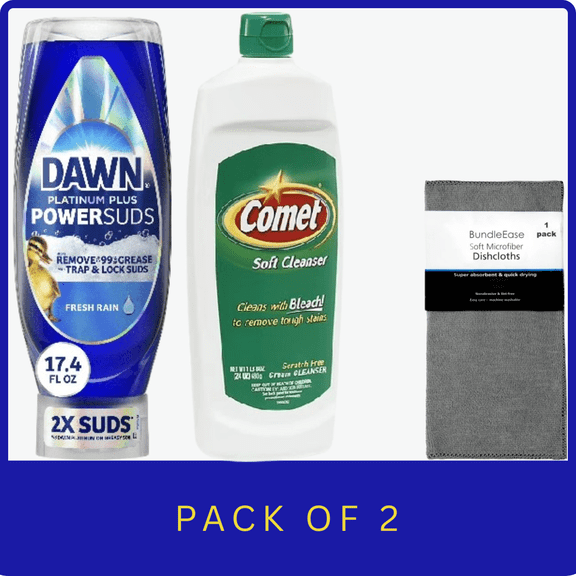 Dawn Platinum Plus PowerSuds Dish Soap 17.4 oz EZ-Squeeze & Comet Cream Cleanser with Bleach 24 oz with Microfiber Solid Color Dishcloth by BundleEase