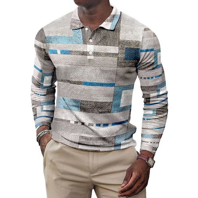 Daeful Tee Long Sleeve Polo Shirt Geometric Print T Shirts Mens Casual Color Block Lapel Neck Fall Tops Style A M