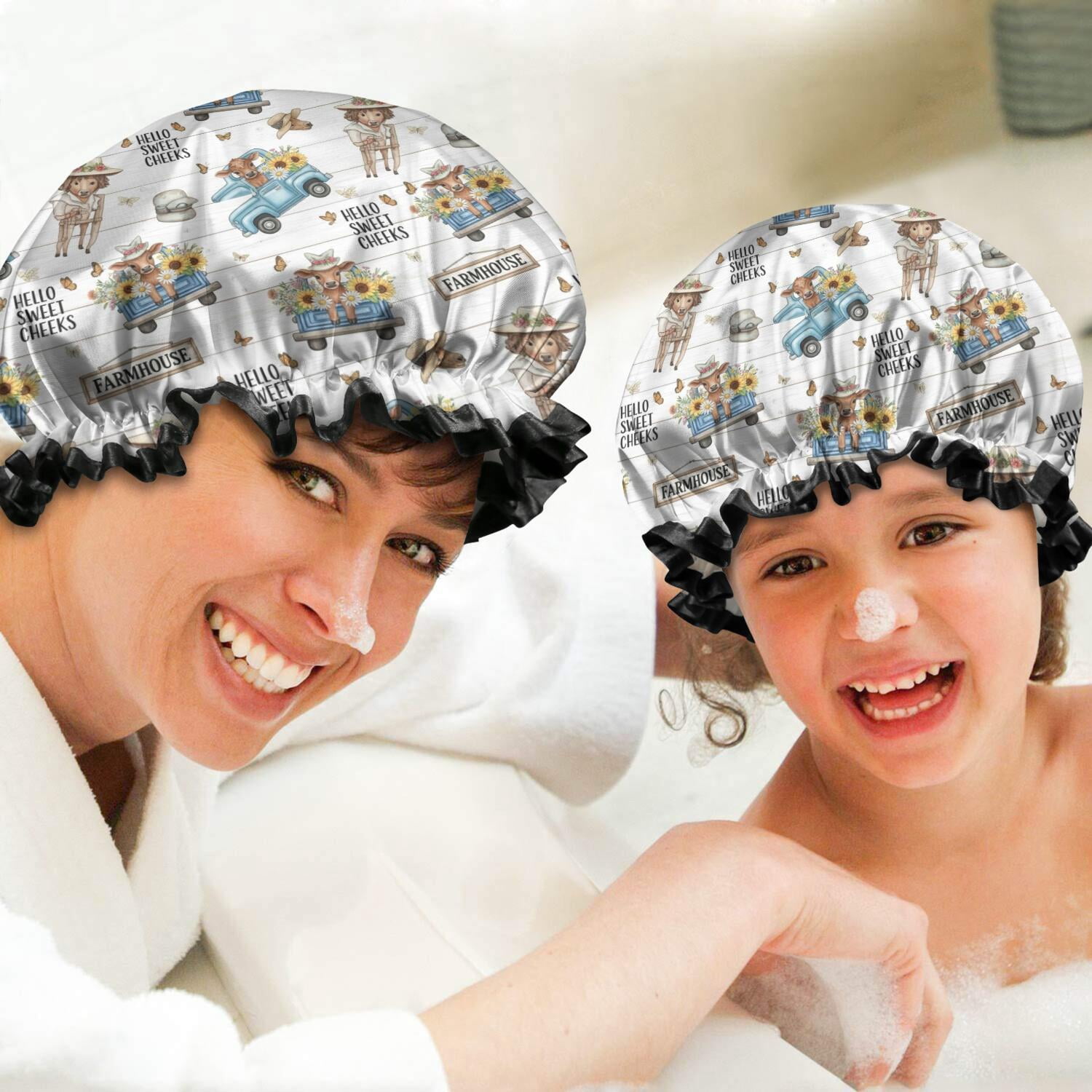 Shower Caps,White Highland Cow Blue Truck Pattern Waterproof Shower Cap for Women 4 Pieces,Double Reusable Hair Cover for Shower PEVA Elastic Stretch Hem