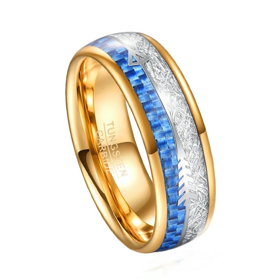 JQUEEN Men's 8mm Electro Plating Gold Inlaid Blue Carbon Fiber Tungsten Carbide Engagement Rings with Imitation Meteorite Silver Arrow