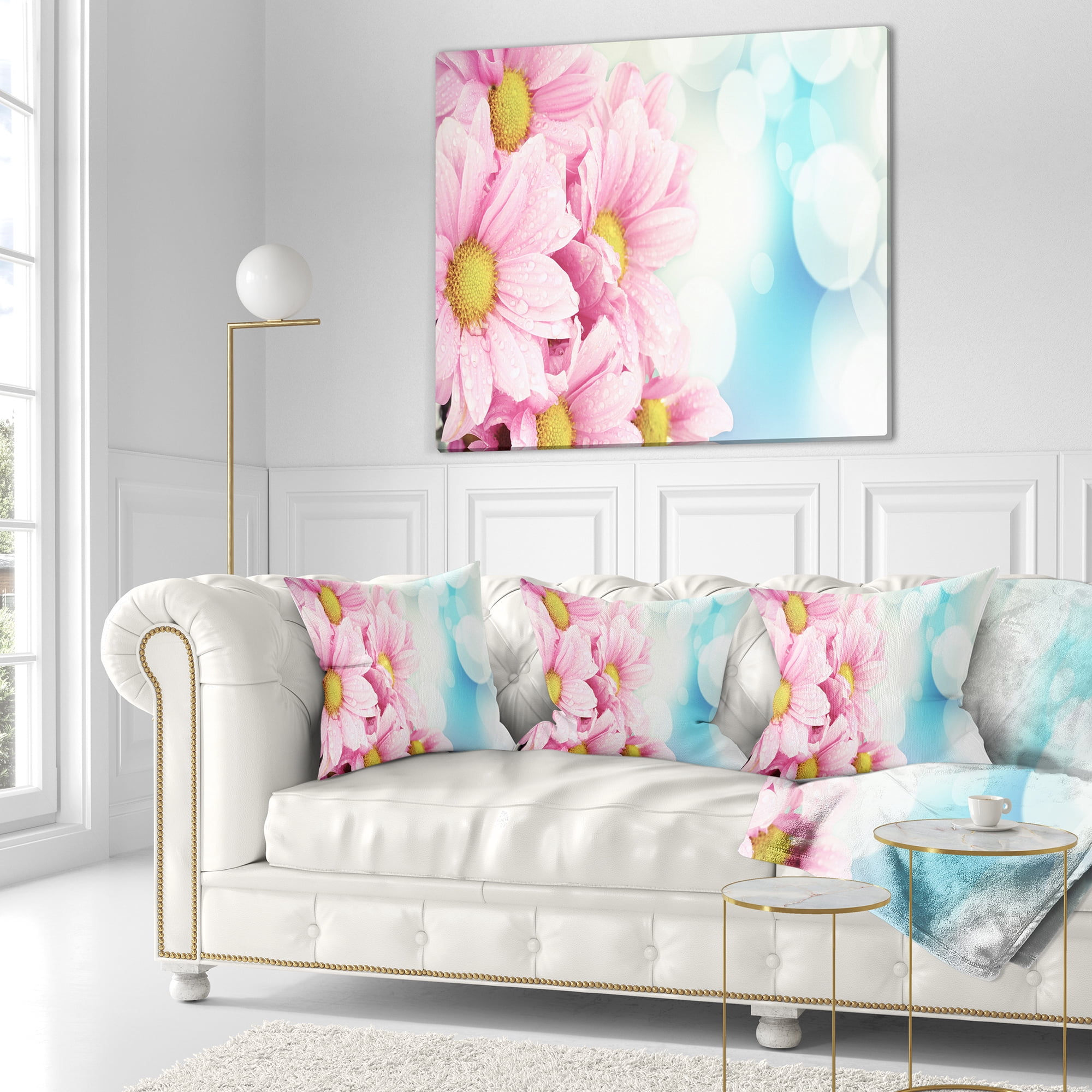Designart Pink Flowers Bouquet on Blue - Floral Throw Pillow - 16x16