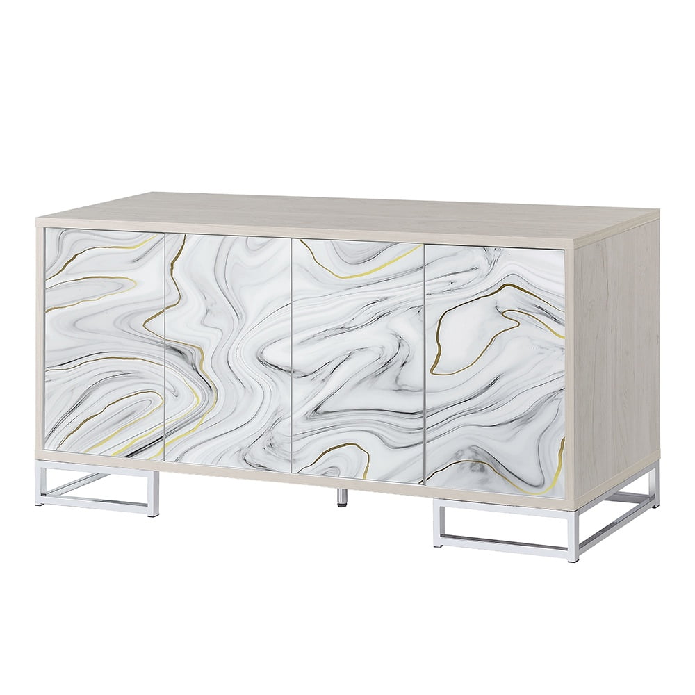 ACME Panos Contemporary Wood Console Cabinet with White Marble Print in Oak
