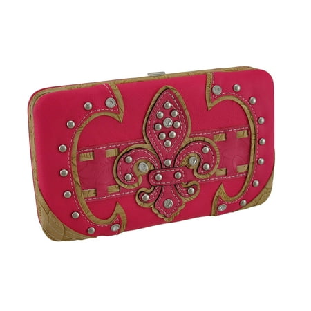 - Zeckos - Studded Embossed Rhinestone Fleur De Lis Vinyl Hard Case Wallet - Pink