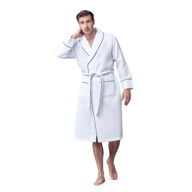 Bath Robe with Slipper Set - Waffle Square Pattern Spa Garment with 2 Front Pockets, Flat Collar & Belt - 60% Cotton and 40% Polyester Blend - Absorbent, Breathable, Lightweight & Soft Fabric for Men