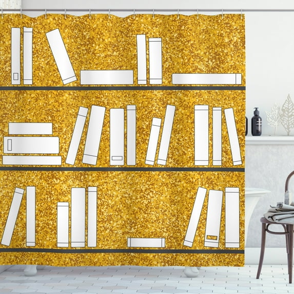 Library Shower Curtain, Simplistic Design Books on Shelves Reading Time Image, Fabric Bathroom Set with Hooks, 69"W X 84"L Extra Long, Dark Yellow Amber Charcoal Grey White, by Ambesonne