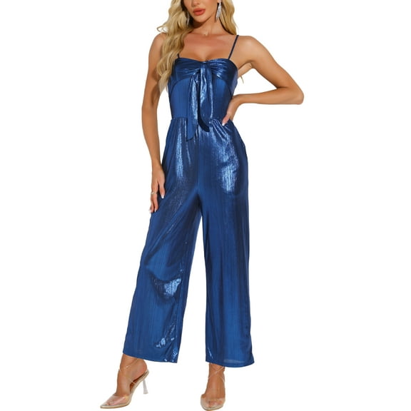 INSPIRE CHIC Women's Glitter V Neck Jumpsuit Sleeveless Party Clubwear Spaghetti Strap Cami Romper XS Blue