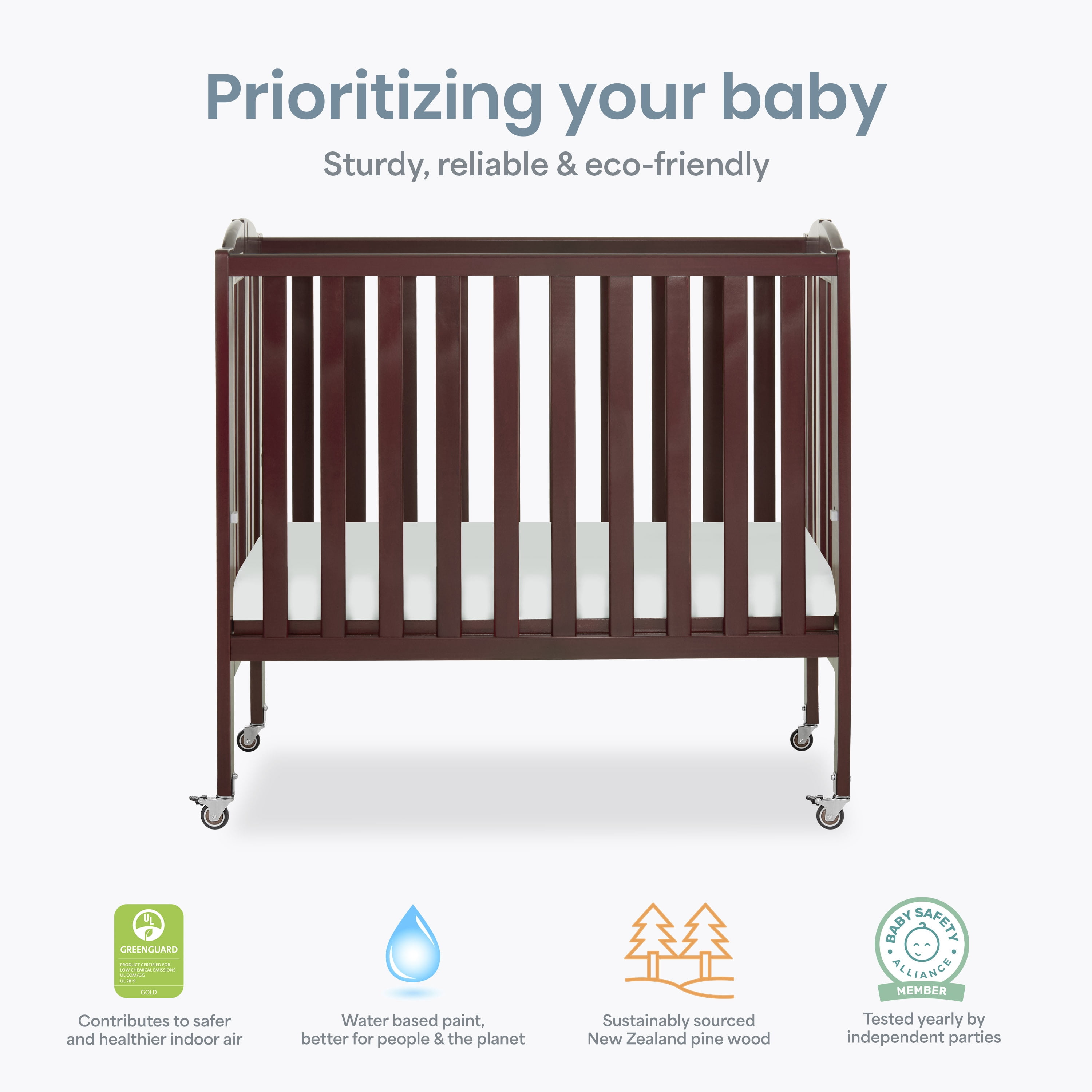 Dream On Me 2-in-1 Folding Portable Mini Crib in Espresso, Mattress Pad Included, Easy to Fold and Store Baby Crib, Two Adjustable Mattress Height positions Convertible Crib