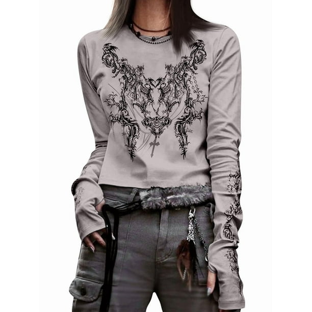 Camisetas Gráficas para Mujeres, Adolescentes, Estética Grunge, Gótica, Y2k, Básica, de Punto, Larga, Otoño. Gris L