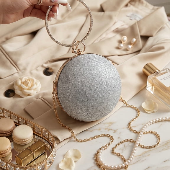 Glitter Round Evening Clutch Bag for Women, Ring Handle Hard Shell Circular Purse, Removable Chain Crossbody Shoulder Bag for Wedding Party Prom