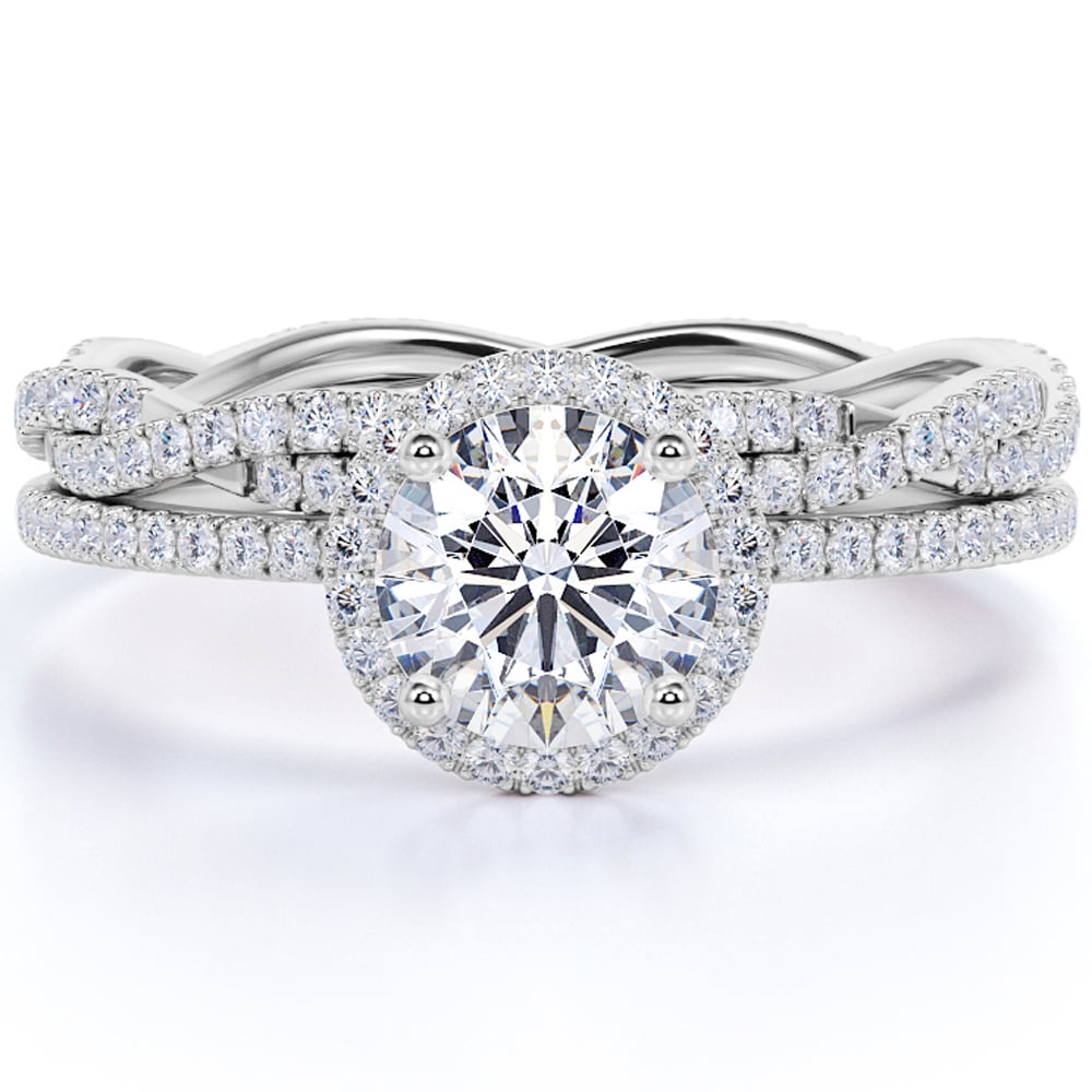 JeenMata 1.75 carat Round cut Moissanite Bridal Ring Set in 18k White Gold Over Silver