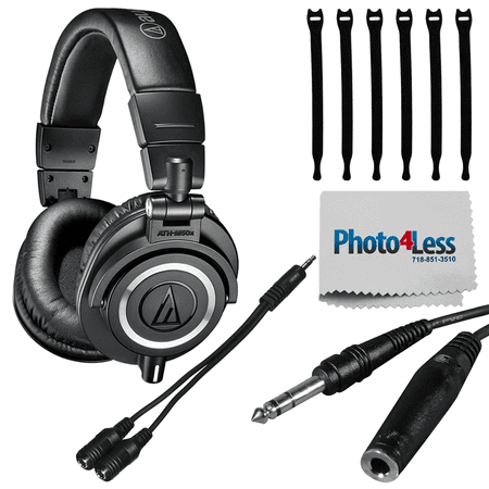 Audio-Technica ATH-M50x Professional Studio Monitor Headphone + Axis Headphone Splitter + Headphone Extension Cable + Op/Tech Strapeez + Photo4Less Camera and Lens Cleaning