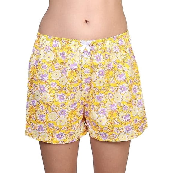 Women's Tagless 100% Cotton Prints Sleepwear Pajama Boxer Comfortable Bottom Shorts by Badger Smith (XXL, Yellow Floral)