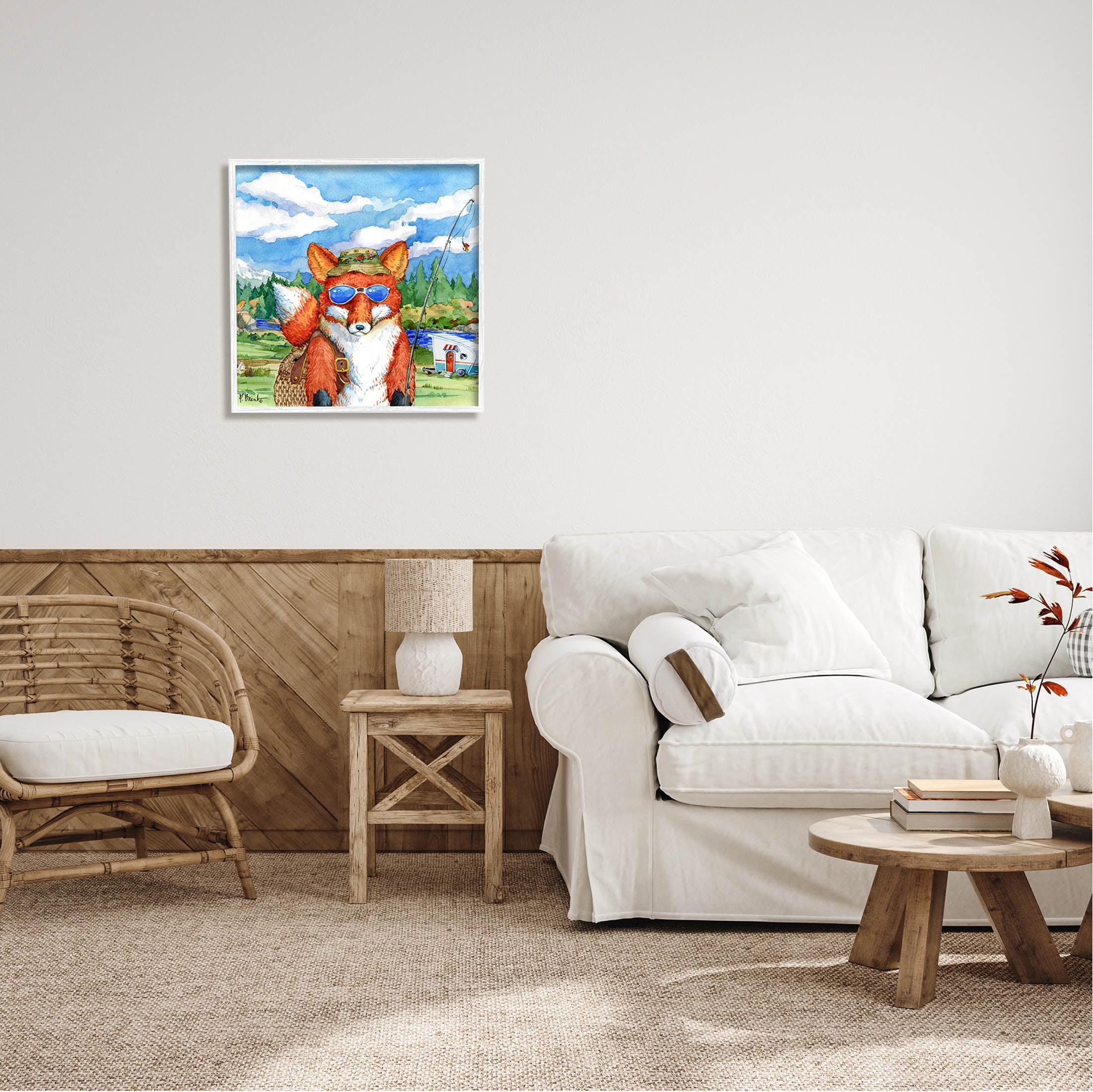 Stupell Industries Happy Camper Red Fox Fisherman Painting White Framed Art Print Wall Art, Design by Paul Brent