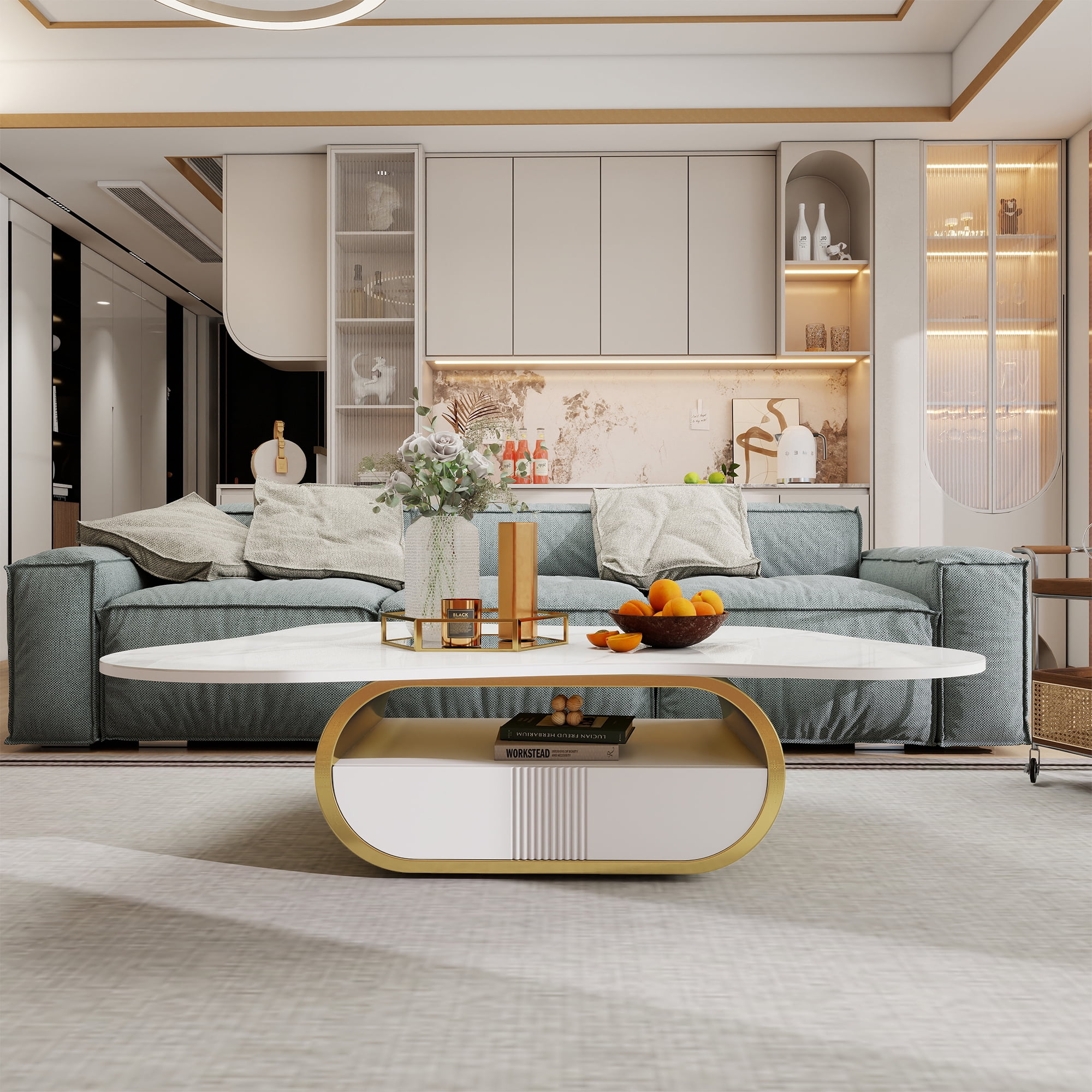 HIUU Cloud Coffee Table with Sintered Stone Top,White Marble Coffee Table with Storage Shelf & Drawer, Stainless Steel Base(Grey+White)