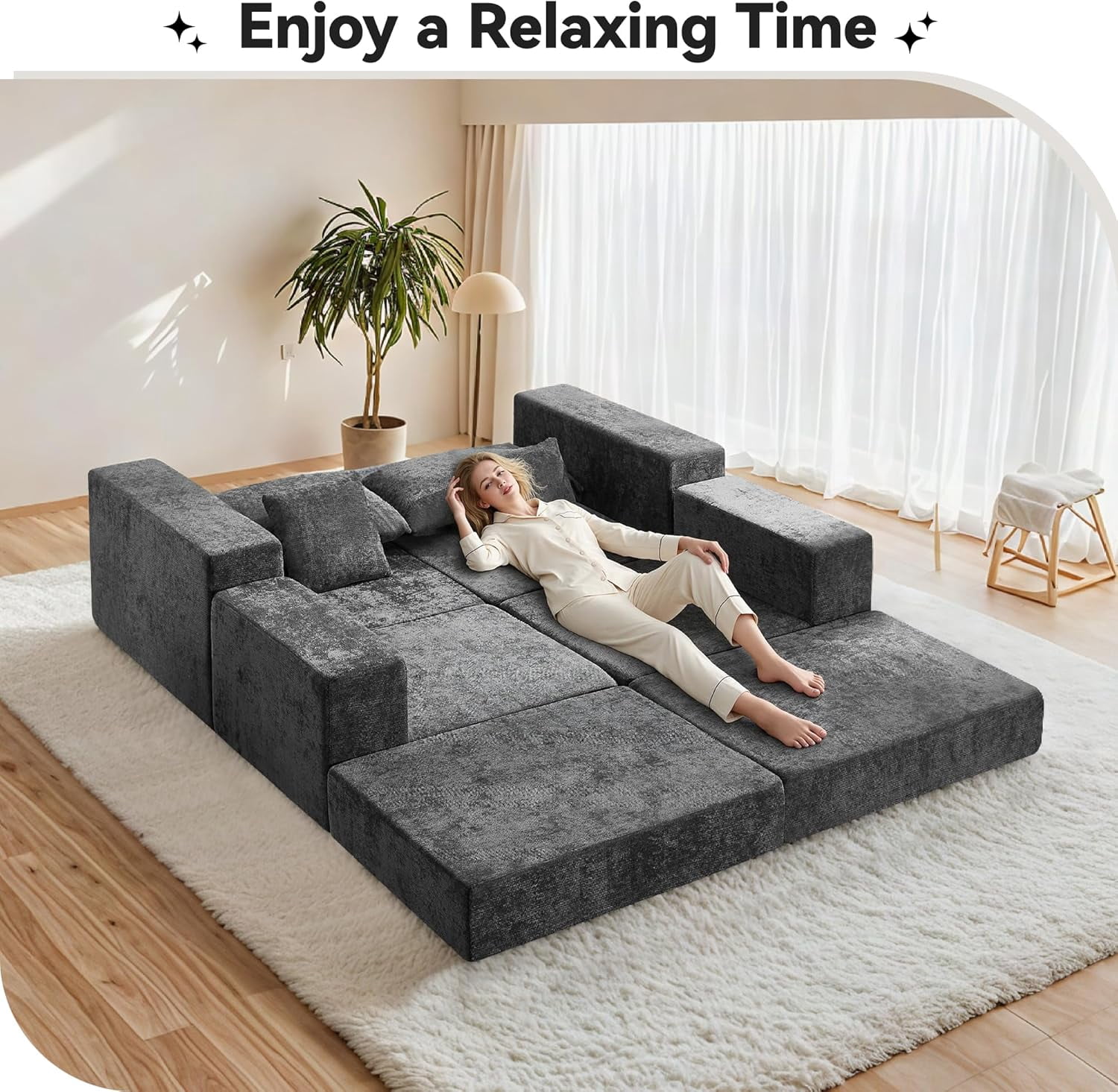 79" Boneless Cloud Loveseat Sofa with Ottoman, Modular Chenille Convertible Floor Couch Bed, No Assembly, Dark Gray