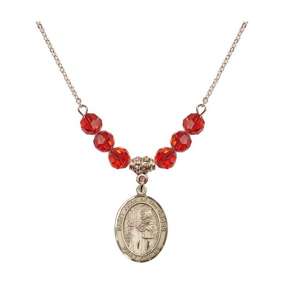 18-Inch Hamilton Gold Plated Necklace with 6mm Red July Birth Month Stone Beads and Saint John of the Cross Charm