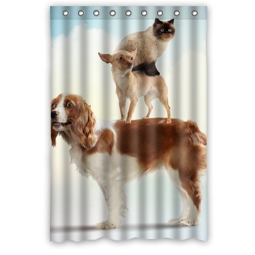 HelloDecor Dog Cat Friends Shower Curtain Polyester Fabric Bathroom