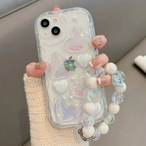 Laser glitter love heart bead bracelet clear phone case for iPhone 14 13 12 11 pro Max X XR Xs fashion wave edge cover