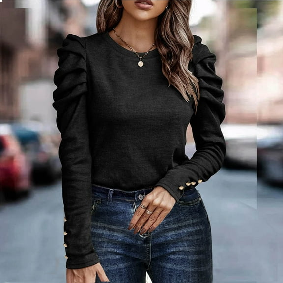 Royisotas Long Sleeve Women Tops Fall Black Plain Casual Shirts for Women Plus Size Velvet Crew Neck Loose Fit Puffy Sleeve T-Shirts